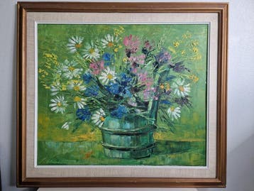 S. Heinonen (XX) - Wildflowers Still Life in a Wooden Bucket