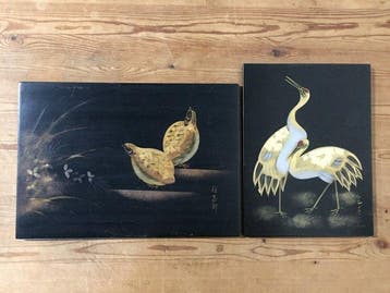 Set of 2 Vintage Japanese Lacquerware Shibayama-Style Panels