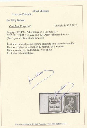 Belgique 1938 - publicité - OBP : PU 99B (witte rand), Timbres & Monnaies