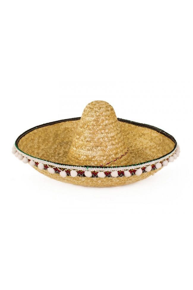 Sombrero Bruin Wit Balletjes Mexico Mariachi Gevlochten Riet, Kleding | Heren, Carnavalskleding en Feestkleding, Nieuw, Ophalen of Verzenden