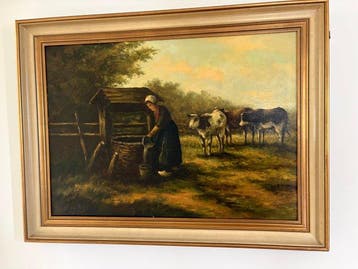 Belgische school (XX) - Vrouw bij waterput met koeien, Antiek en Kunst