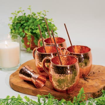 Puur koperen moscow mule set gehamerd - 4 bekers met shot, Ophalen of Verzenden