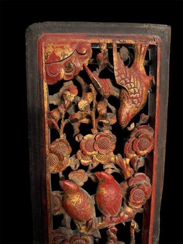Très beau panneau en bois sculpté et Doré - Chine - Dynastie