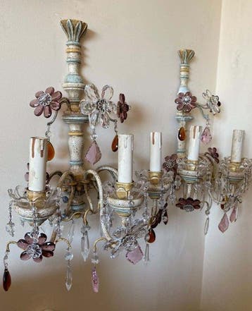 Wandlamp (2) - Banci Firenze 3 lampen, kristallen en bloemen, Nieuw
