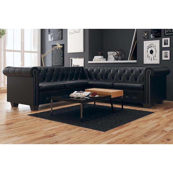 vidaXL Hoekbank 5-zits Chesterfield-stijl kunstleer zwart, Maison & Meubles, Canapés | Salons, Envoi