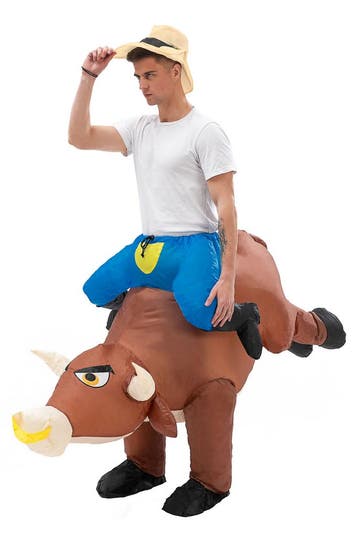 KIMU® Opblaas Kostuum Zittend Op Stier Cowboy Opblaasbaar Pa, Ophalen of Verzenden, Nieuw