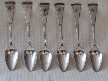 Lepel (6) - Zes antieke Hollandse Zilveren Art-deco Lepels,, Antiek en Kunst