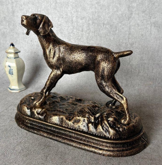 Statue, Jachthond - 17.5 cm - fonte, Antiquités & Art, Curiosités & Brocante