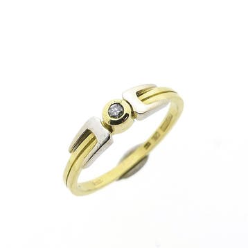 Desiree bicolor gouden solitair ring met diamant 0,03 ct., Gebruikt, Ophalen of Verzenden, Kleiner dan 17, Met edelsteen