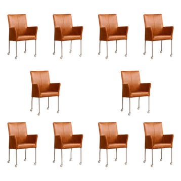 Set van 10 Leren eetkamerstoelen Comfort met wieltjes en, Ophalen of Verzenden, Nieuw, Leer, Eén