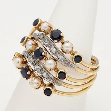 Ring - 18 karaat Geel goud Parel - Diamant - Saffier., Nieuw