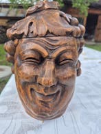Beeldje, Ancienne Tête Sculpte En Bois Bacchus Vin Pot À, Antiek en Kunst