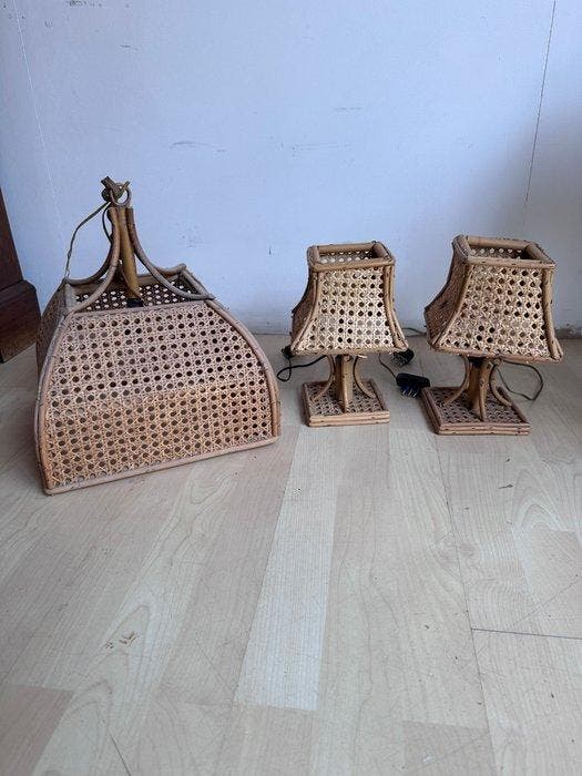 Lampe - bambou, rotin et paille de Vienne - Paire de lampes, Antiquités & Art, Art | Objets design