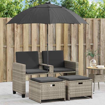 vidaXL Tuinbank 2-zits parasol en voetenbanken poly rattan, Tuin en Terras, Verzenden, Nieuw