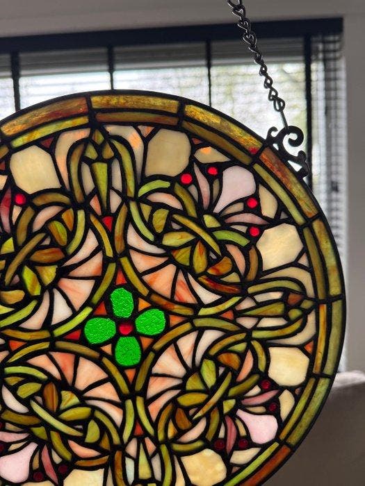 Glaspaneel glas in lood Tiffany style Ø 30 cm Groen Glas -, Antiek en Kunst, Curiosa en Brocante