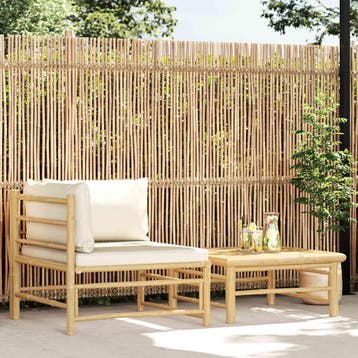 vidaXL 2-delige Loungeset met crèmewitte kussens bamboe, Verzenden, Nieuw