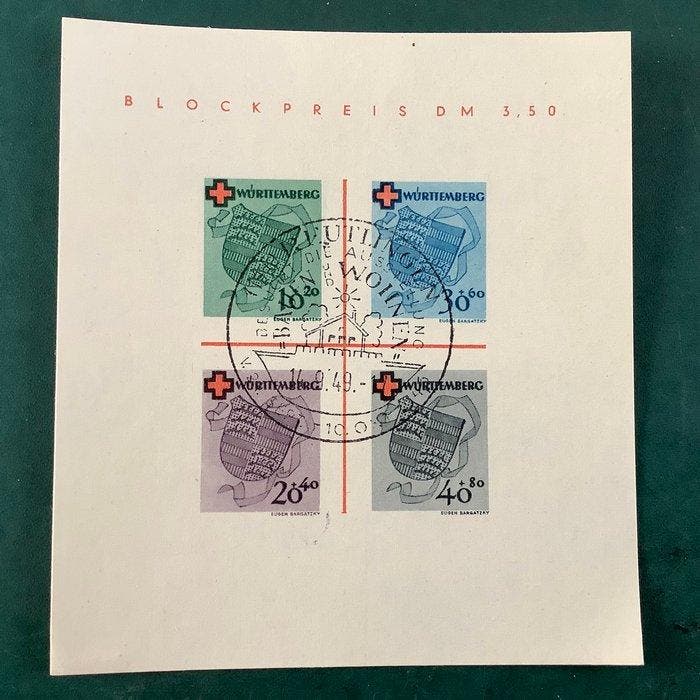 Württemberg - Franse zone 1949 - Rood kruis blok met, Timbres & Monnaies, Timbres | Europe | Allemagne