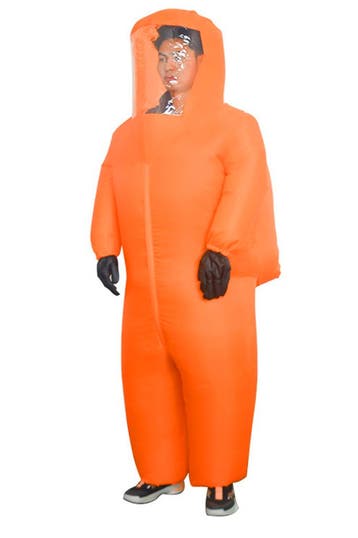KIMU® Opblaas Kostuum Quarantaine Pak Oranje Opblaasbaar Pak, Ophalen of Verzenden, Nieuw