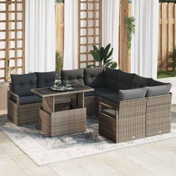 vidaXL Tuinbank Set 9 st Grijs Poly rattan, Verzenden, Nieuw