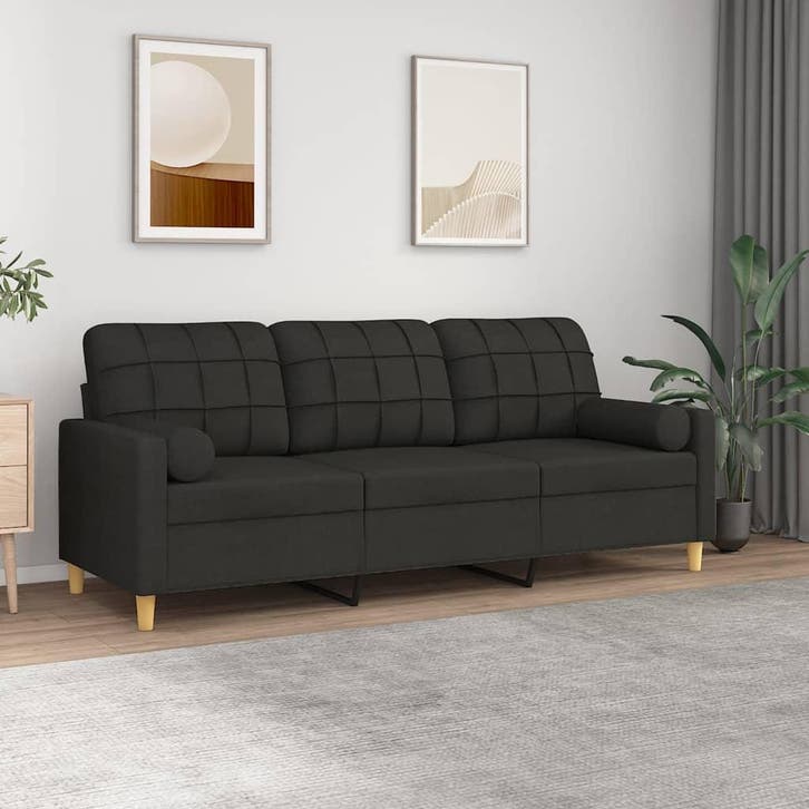 vidaXL Driezitsbank met sierkussens 180 cm stof zwart, Huis en Inrichting, Zetels | Zetels, Nieuw, Verzenden