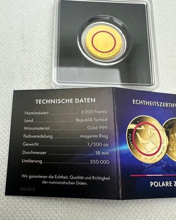 Tchad. 3000 Francs Polar Zone, oro 1/500 Oz (.999) (Sans
