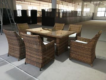 Veiling - Diningset 7-delig - halfrond wicker - Bruin / grij, Tuin en Terras, Nieuw
