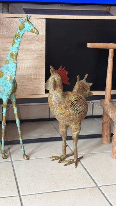 Beeldje - Grand Coq du Bénin (Okpa) 43 cm - Brons, Antiquités & Art, Curiosités & Brocante