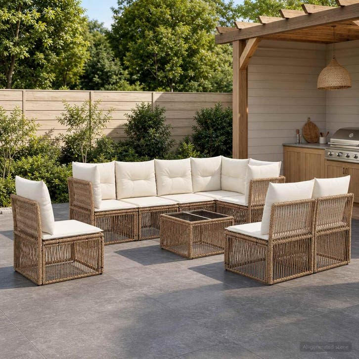vidaXL Tuinbank Set 9 st Beige poly rattan, Jardin & Terrasse, Ensembles de jardin, Envoi
