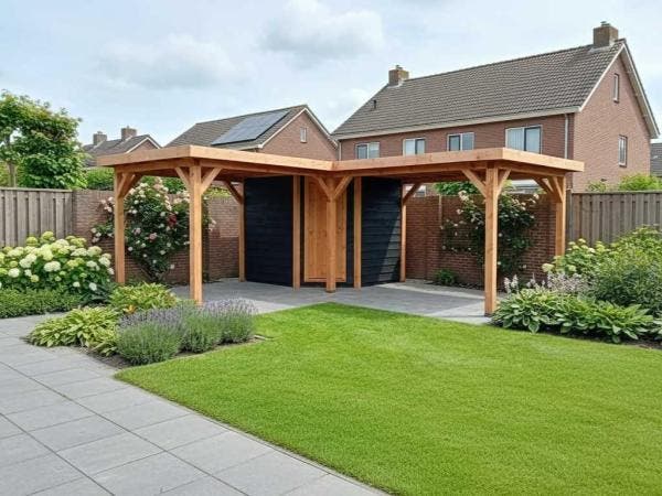 Veiling - Vrijstaande hoekoverkapping met berging 900x600x25, Tuin en Terras, Overkappingen, Nieuw