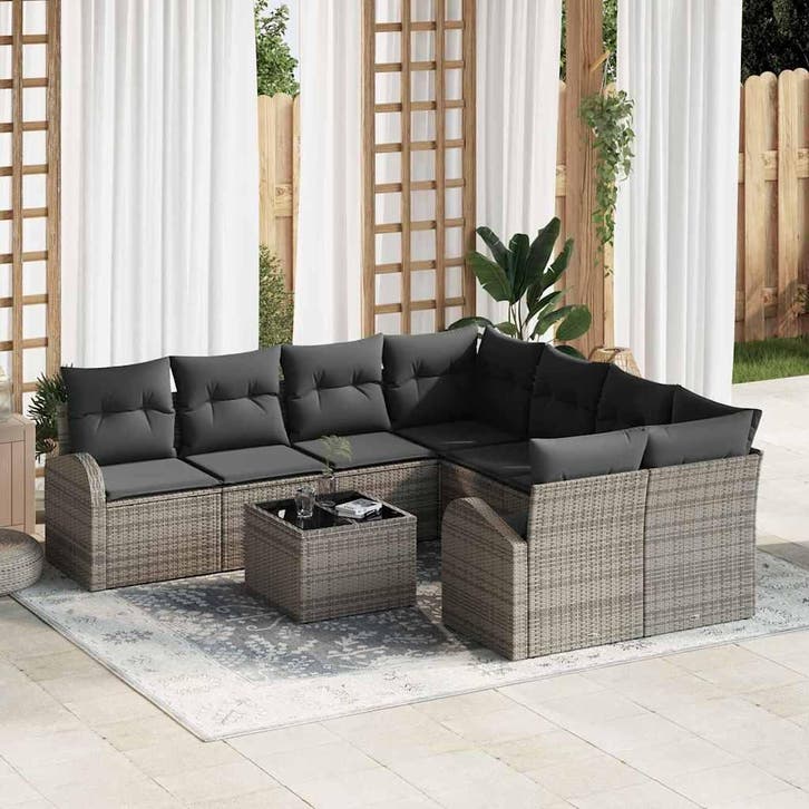 vidaXL Bankstel met kussen met opslag 9 pcs Grijs poly, Tuin en Terras, Tuinsets en Loungesets, Nieuw, Verzenden