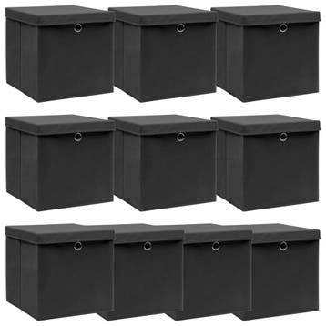 vidaXL Opbergboxen met deksel 10 st 32x32x32 cm stof zwart, Verzenden, Nieuw