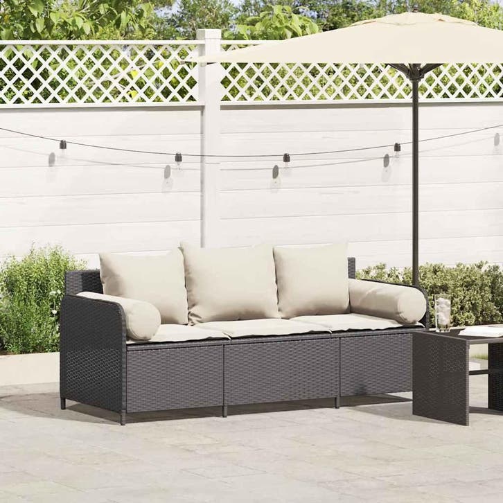 vidaXL Tuinbank 3-zits met kussens poly rattan zwart, Tuin en Terras, Tuinsets en Loungesets, Nieuw, Verzenden