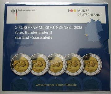 5 x 2 Euro 2025 A,d,f,g,j Duitsland Saarland-saarschleife, Verzenden, België