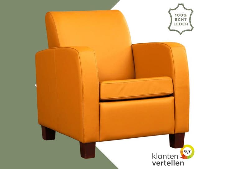 Leren fauteuil Joy - Toledo Leem (geel/bruin) - Poten hout, Maison & Meubles, Fauteuils, Enlèvement ou Envoi