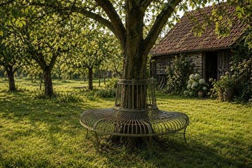Tuinbank - halfronde boombank in antiek groene kleur -