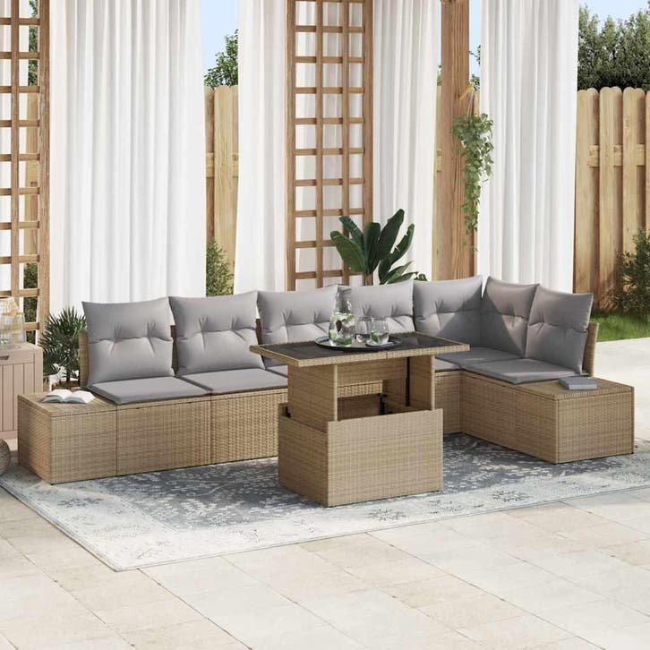vidaXL Tuinbank Set 7 st Beige en Lichtgrijs poly rattan, Tuin en Terras, Tuinsets en Loungesets, Nieuw, Verzenden