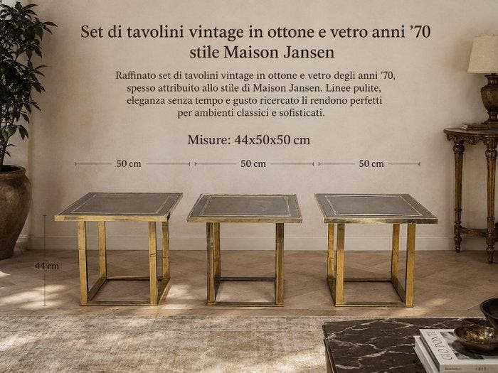 Middentafel - Messing, Hout - Set van drie vintage, Antiquités & Art, Curiosités & Brocante