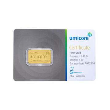 Umicore 5 gram goudbaar met certificaat