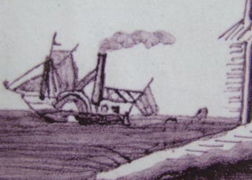 Tegel - Antieke tegel met een Stoomraderboot. - 1750-1800, Antiek en Kunst