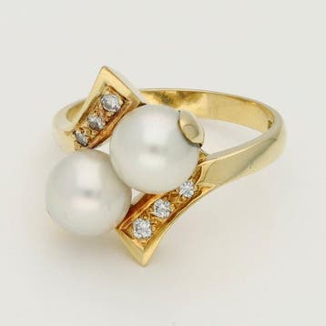 Ring - 18 karaat Geel goud Parel - Diamant, Nieuw
