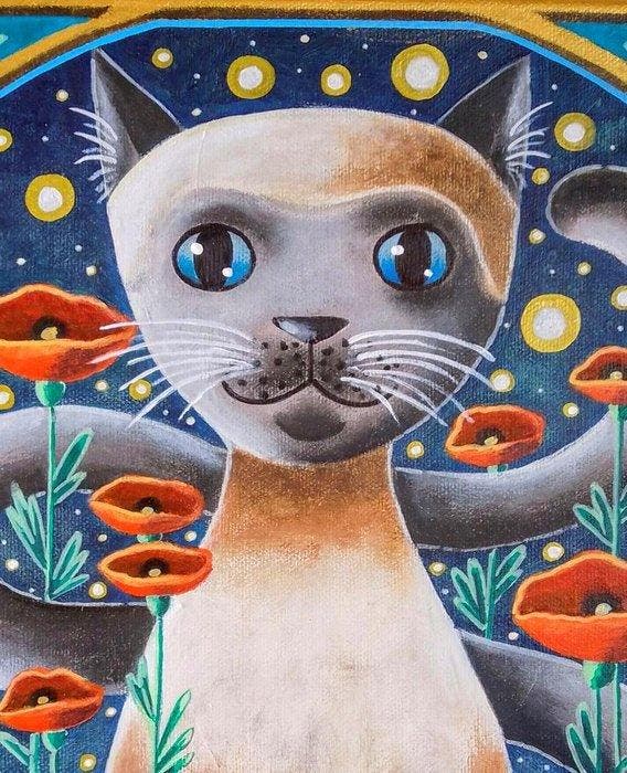 Sabrina RIGGIO - Le siamois des coquelicots, Antiquités & Art, Art | Peinture | Classique