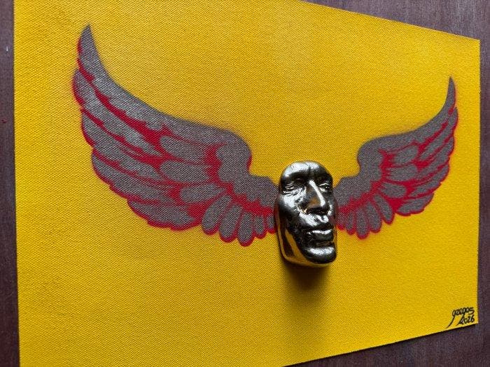gregos - Flying kiss-red and gold on yellow background, Antiek en Kunst, Kunst | Designobjecten