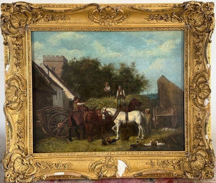 British school. (XlX) - Stacking the hay carts, Antiquités & Art, Art | Peinture | Classique