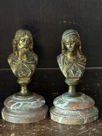 sculptuur, Christus en Maria / 19e eeuw vuurverguld - 15 cm