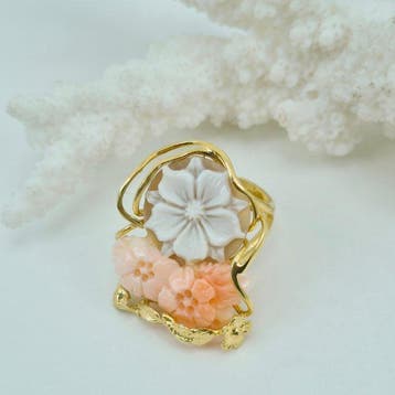 Koraal - Zilver, Verguld - Ring - Roze koraal en camee
