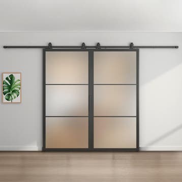 Dubbele stalen schuifdeur - Zwart - 3 Vlaks - Mat glas *