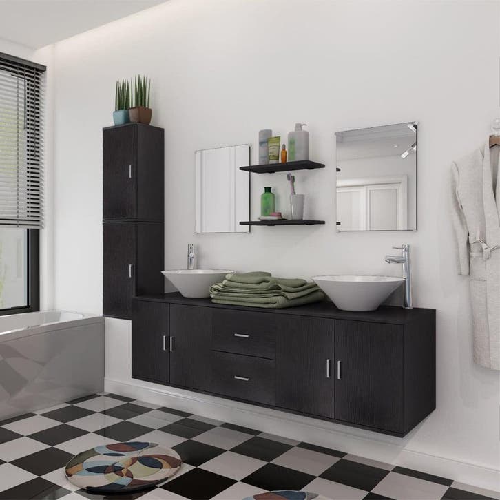 vidaXL Badkamermeubelset met wasbak zwart 9-delig, Maison & Meubles, Salle de bain | Meubles de Salle de bain, Envoi