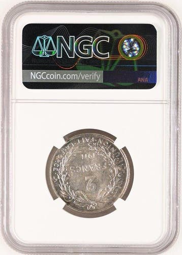 België. Albert I. 2 Francs Minted in 1911 in Brussels. NGC -