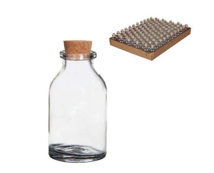 Miniflesjes met kurk 6x3 cm 20 ml tray ca. 105 stuks, Maison & Meubles, Accessoires pour la Maison | Plantes & Fleurs artificielles
