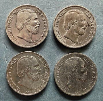 Nederland. Willem III. 1 gulden 1861, 1863, 1864 en 1866, Timbres & Monnaies, Monnaies | Pays-Bas